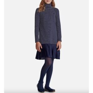 A17 Polo Ralph Lauren Girls XL  Navy Striped Turtleneck Pleated Drop Waist Dress